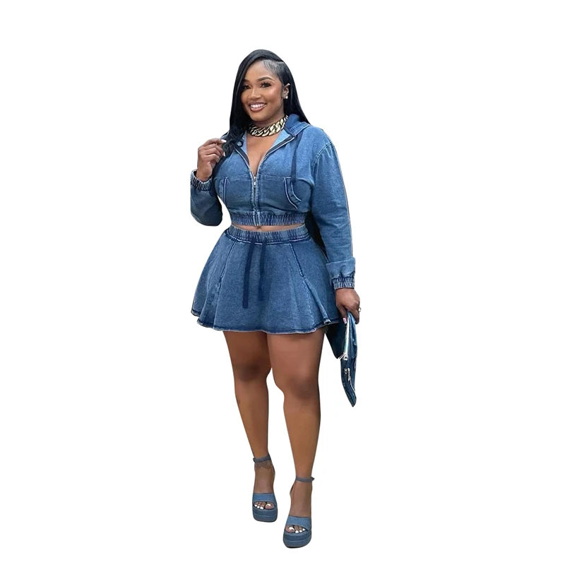 Hooded Denim Crop Top And Pleated Skirt Set for Women
