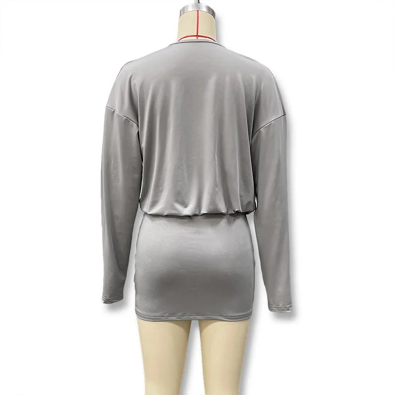 Solid Color Long-Sleeved V-Neck Mini Dress for Women