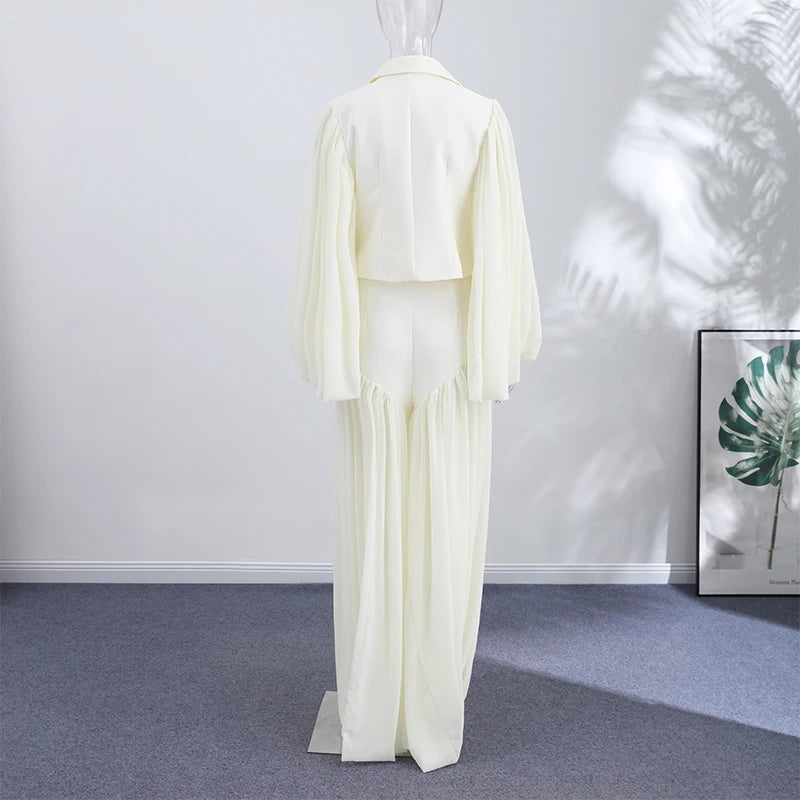 Tailored Lapel Jacket and Pleated Trousers Set for Women