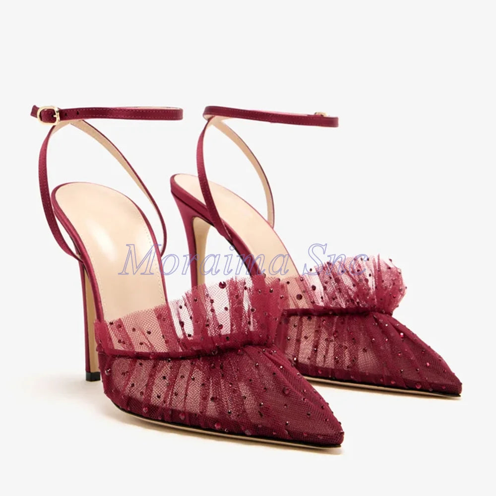 Pink Pointed Toe Ruffled Rhinestone Stiletto Sandals for Women