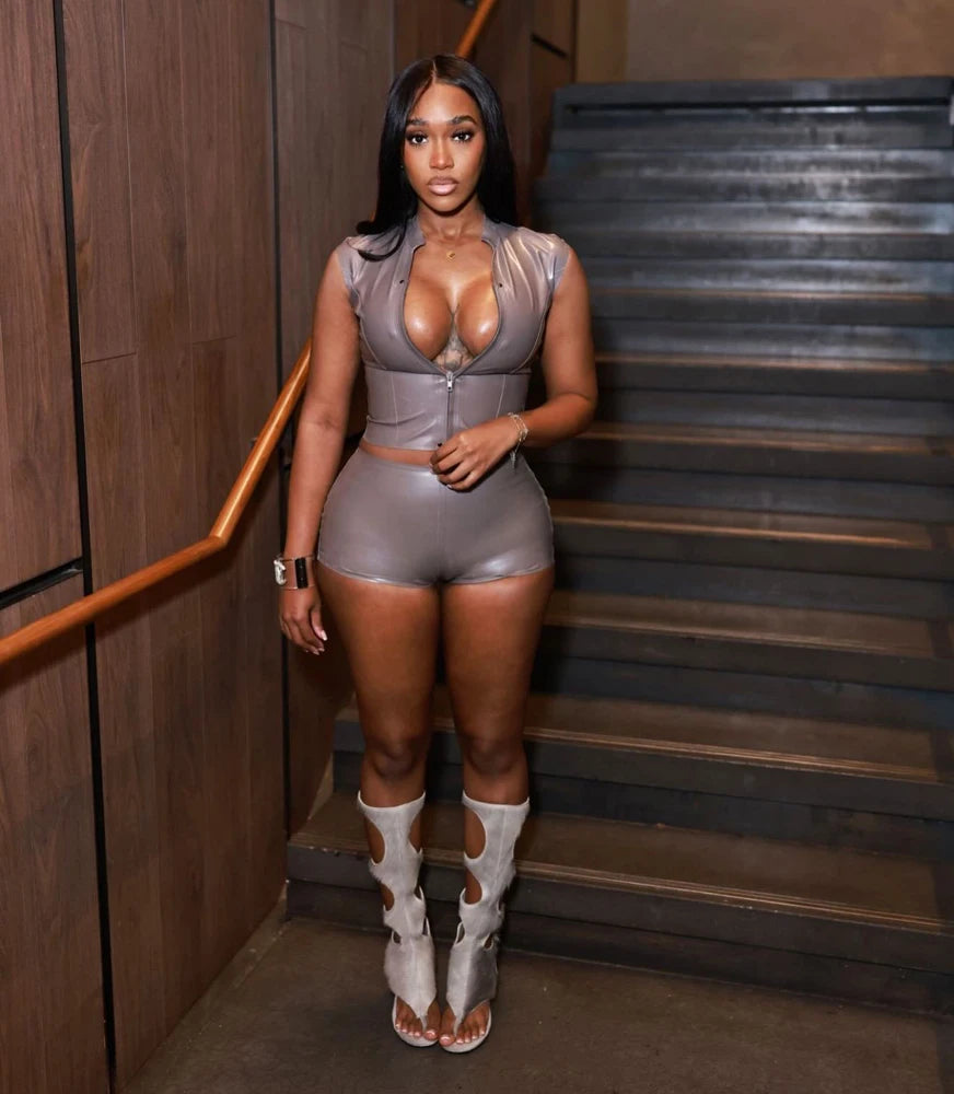 PU Leather Crop Top and Bodycon Shorts Set for Women