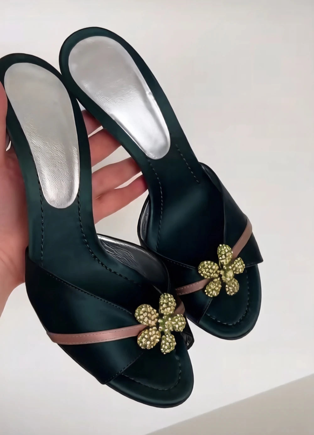 Retro Dark Green Satin Peep Toe Heels