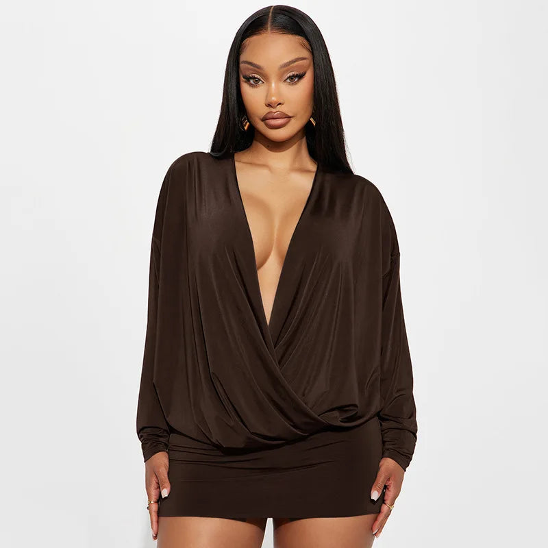 Solid Color Long-Sleeved V-Neck Mini Dress for Women
