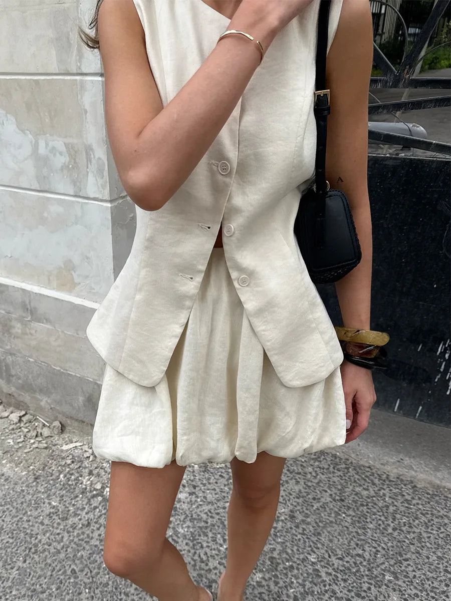 Casual Cotton Sleeveless Mini Skirt And Top Set for Women