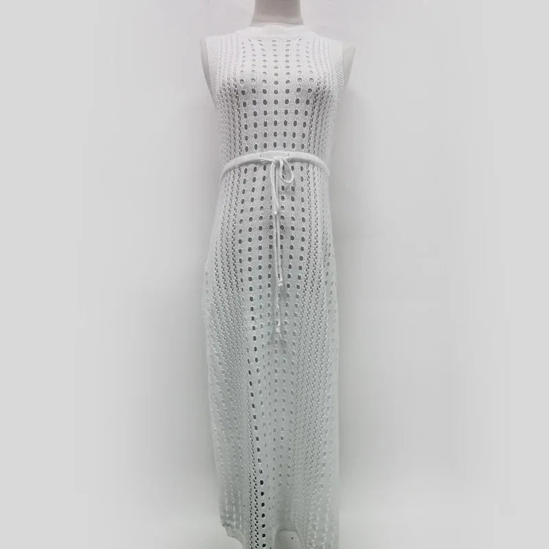 Mesh Cut Out Sleeveless Slit Drawstring Tunic Beach Wrap Dress Solid Color Knit 2025 Women Summer Party Swimsuit Cover Up A2391
