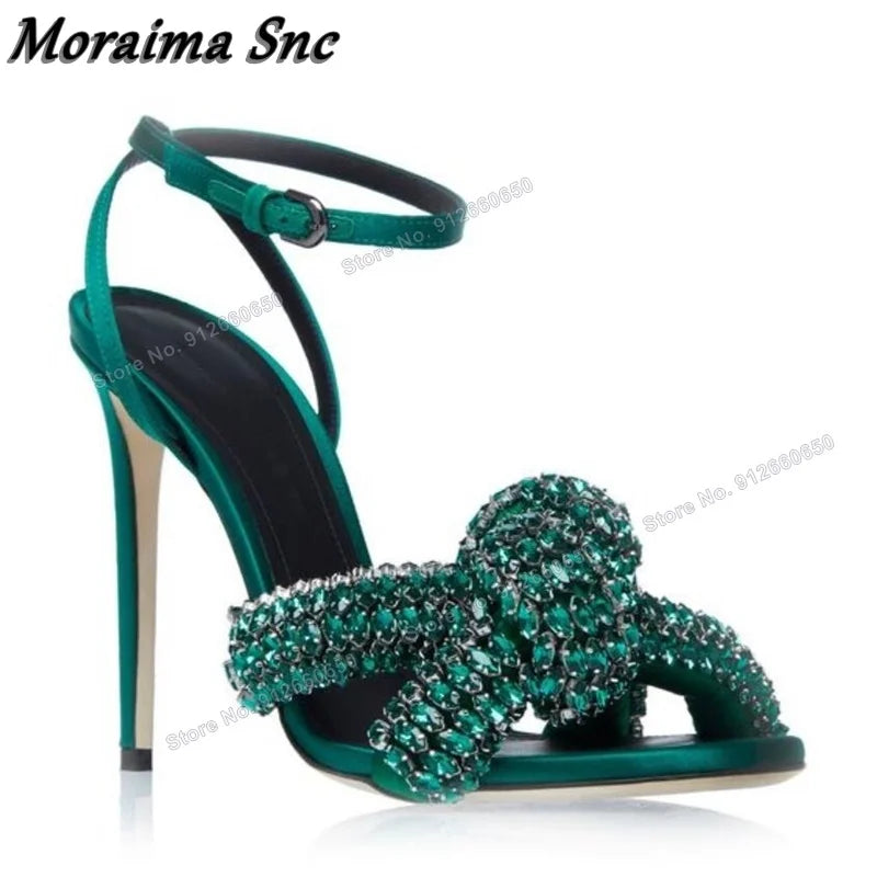 Open Toe Stiletto Sandals With Green Crystal Bow For Women