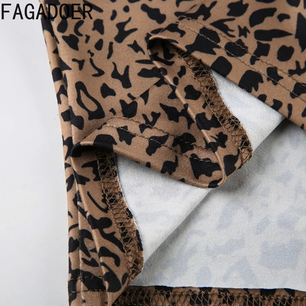 FAGADOER Fashion Leopard Print 2 Piece Sets Women Outfit Long Sleeve Crop Top + Low Waist Skinny Pants Suits Female Streetwear