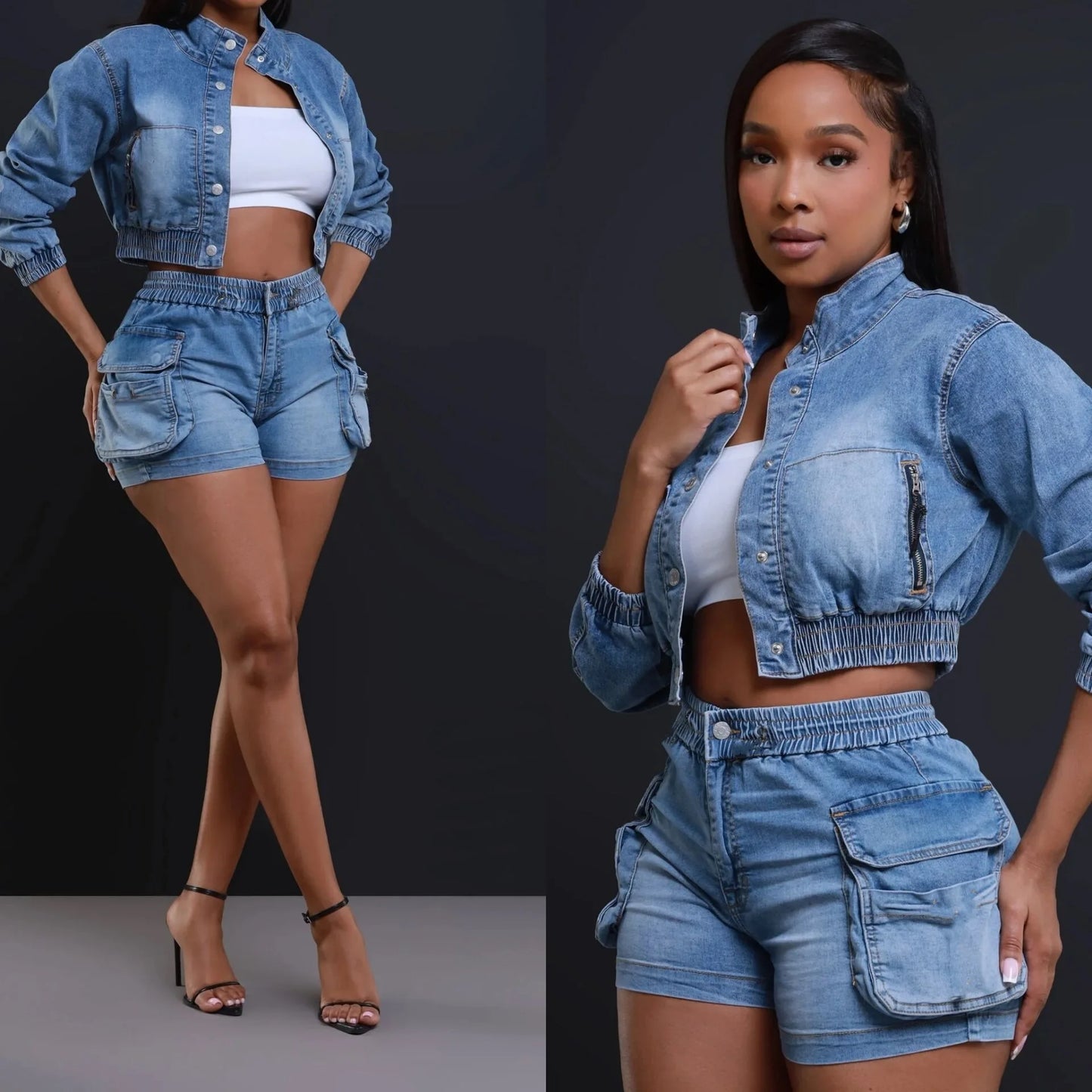 Summer Stretch Two-Piece Denim Shorts Set for Women