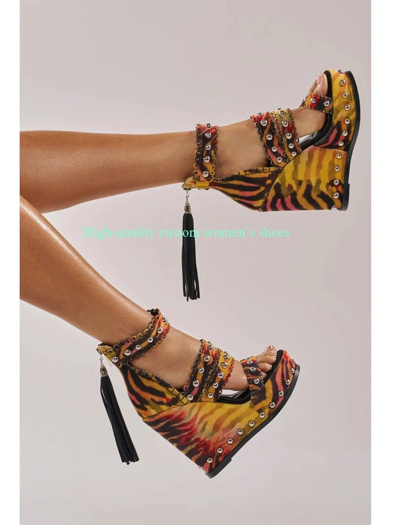 Rivet Detail Leopard Print Platform Sandals For Women