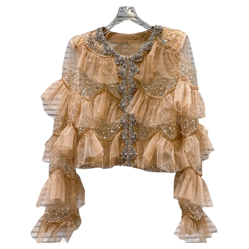 Open Front Rhinestone Beaded Sequined Mesh Coat For Women