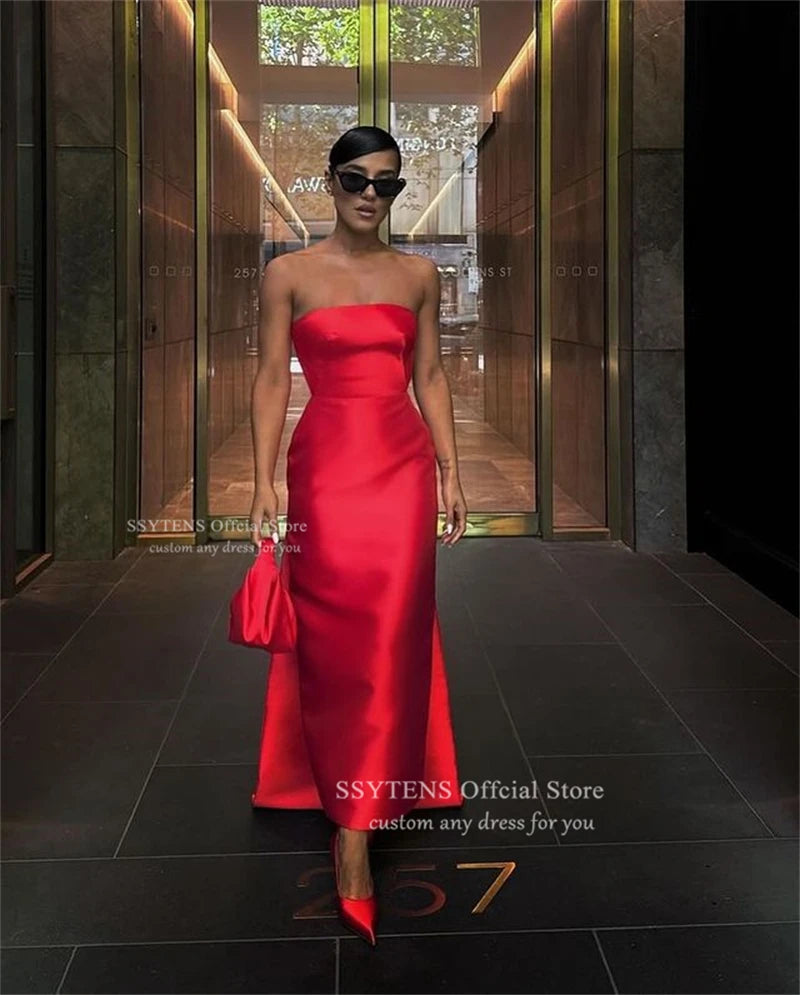 Elegant Red Satin Mermaid Floor Length Prom Dress for Women