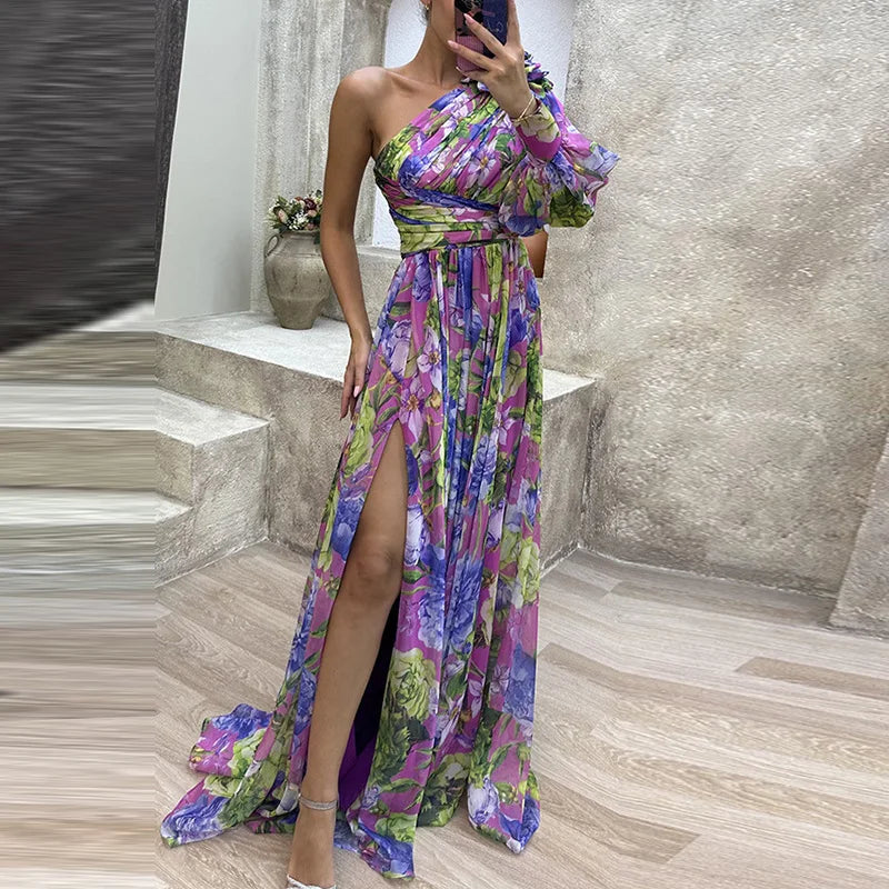 Women Loungewear One Off Shoulder Holiday Dress, Skew Collar Fashion Long Sleeve Party Dress, Patchwork Print Ladies Maxi Dress