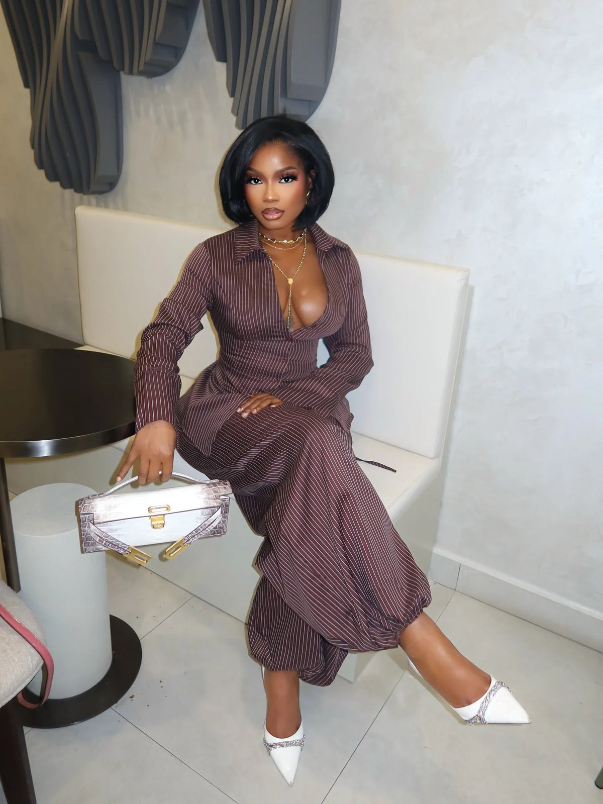 Vertical Striped Crop Shirt and Wide Leg Pants Outfit Set for Women