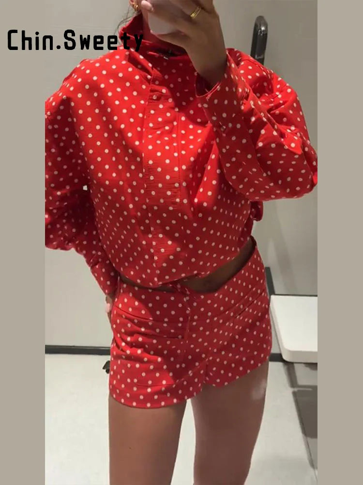 Polka Dot Stand Collar Jacket And High Waist Shorts For Women