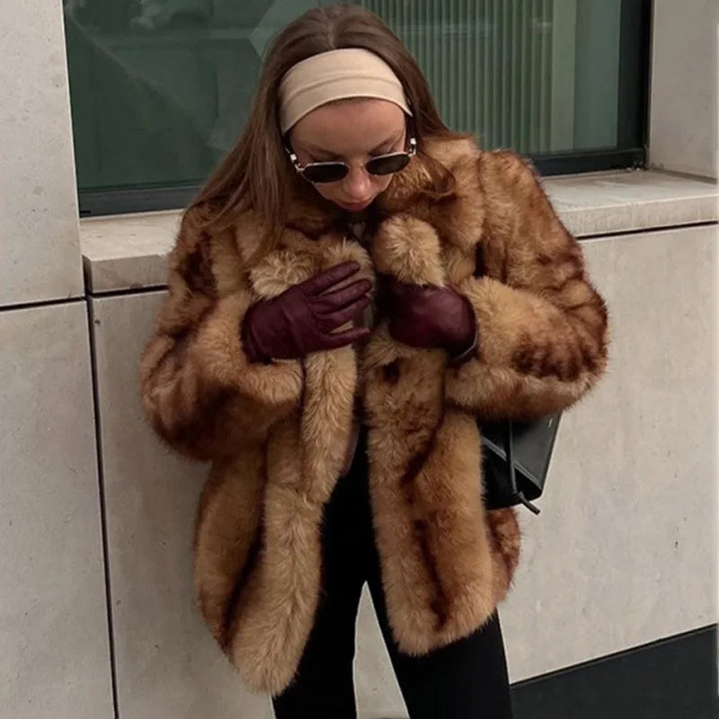 Lapel Collar Faux Fur Coat