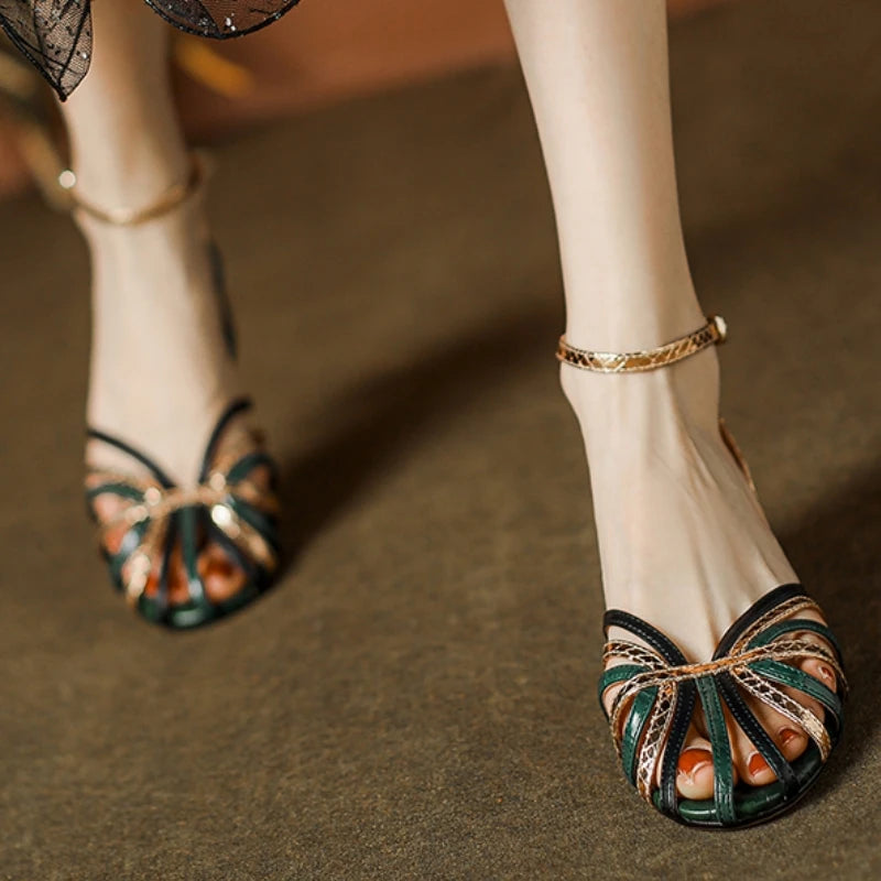 Leather Gladiator Sandals Block Heel