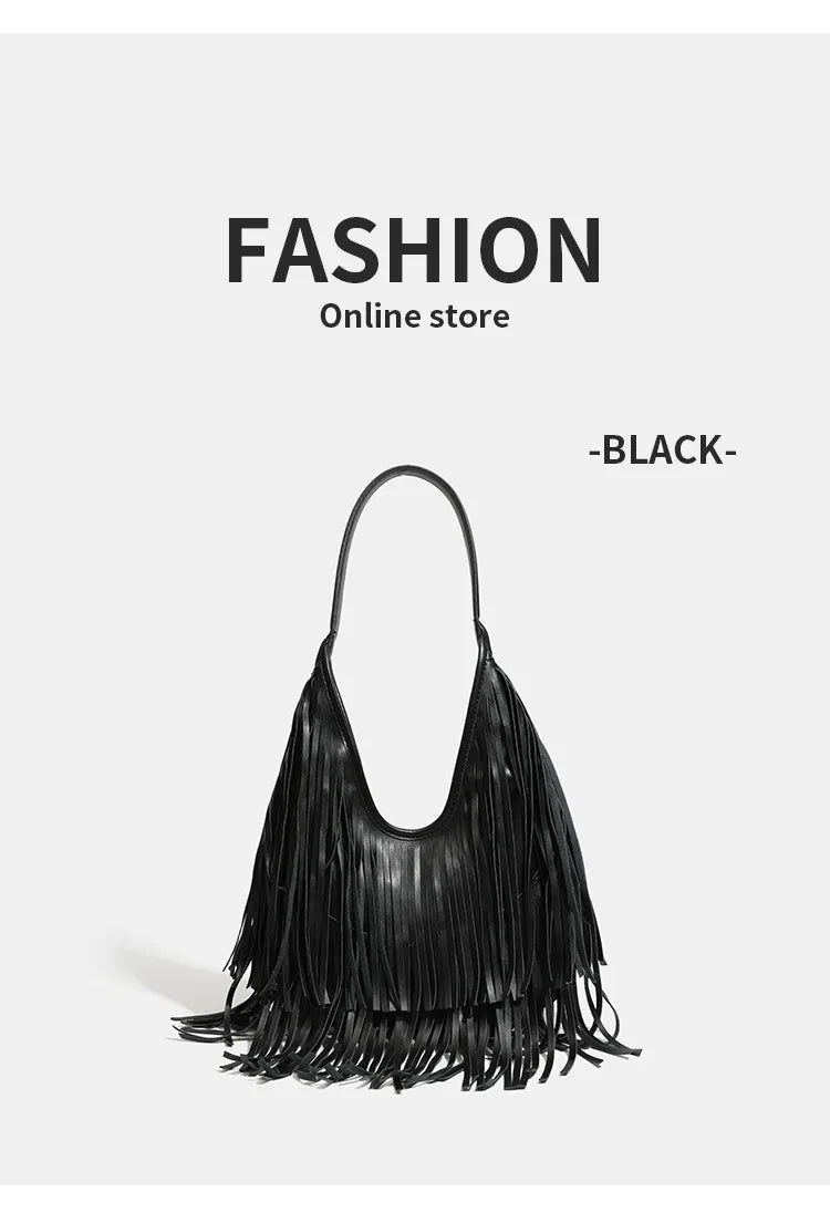 New Women's Shoulder Bag Solid Color Tassel Fashion Women's Shoulder Bag Large Capacity Retro Casual Women's Bag High Quality