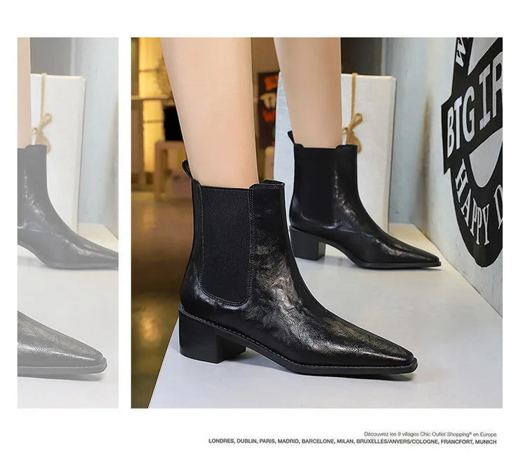 Black Pointed Toe Block Heel Ankle Boots