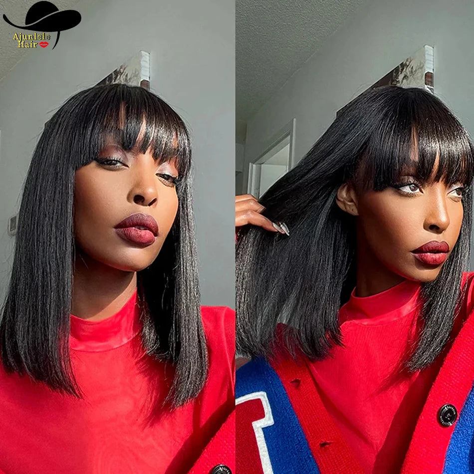 Short Straight Bob Human Hair Wig With Bangs for Women