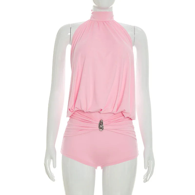 Metal Buckle Halter Backless Ruched Sleeveless Peach Rompers for Women