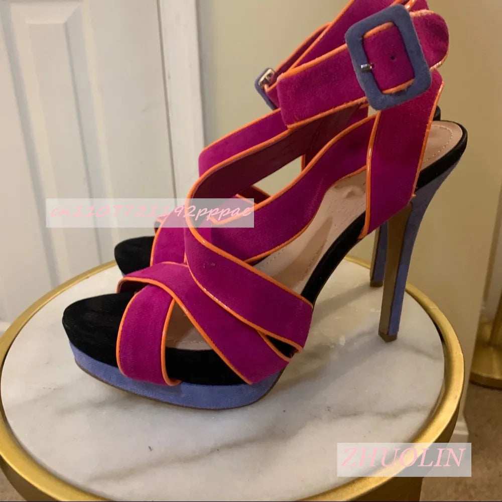 Suede Open Toe Cross Strap Buckle Platform Sandals for Women