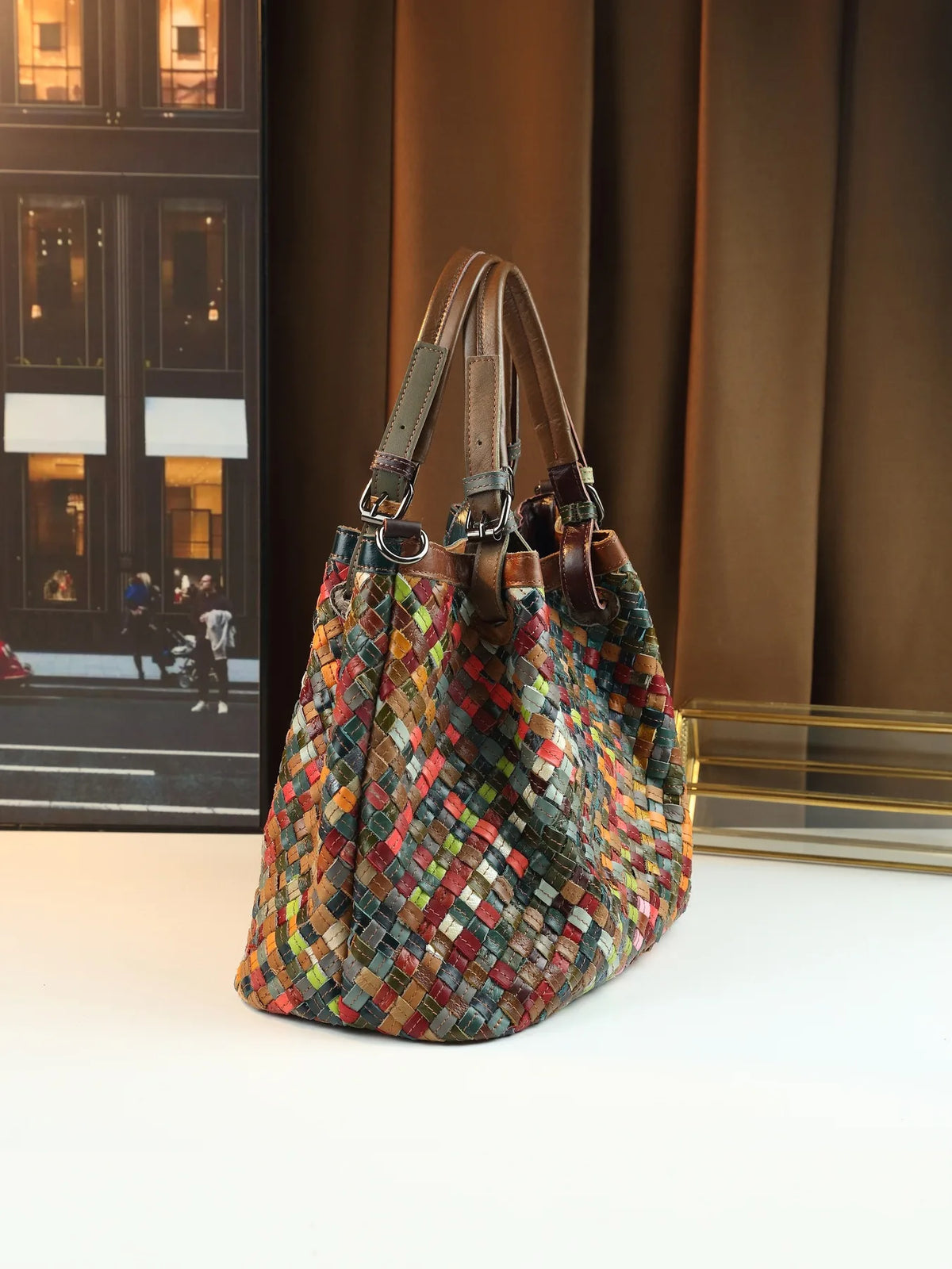 ABQP New Women's Handbag Made of Genuine Leather Hand Woven Women's Single Shoulder Crossbody Bag Color Spliced Women's Bag