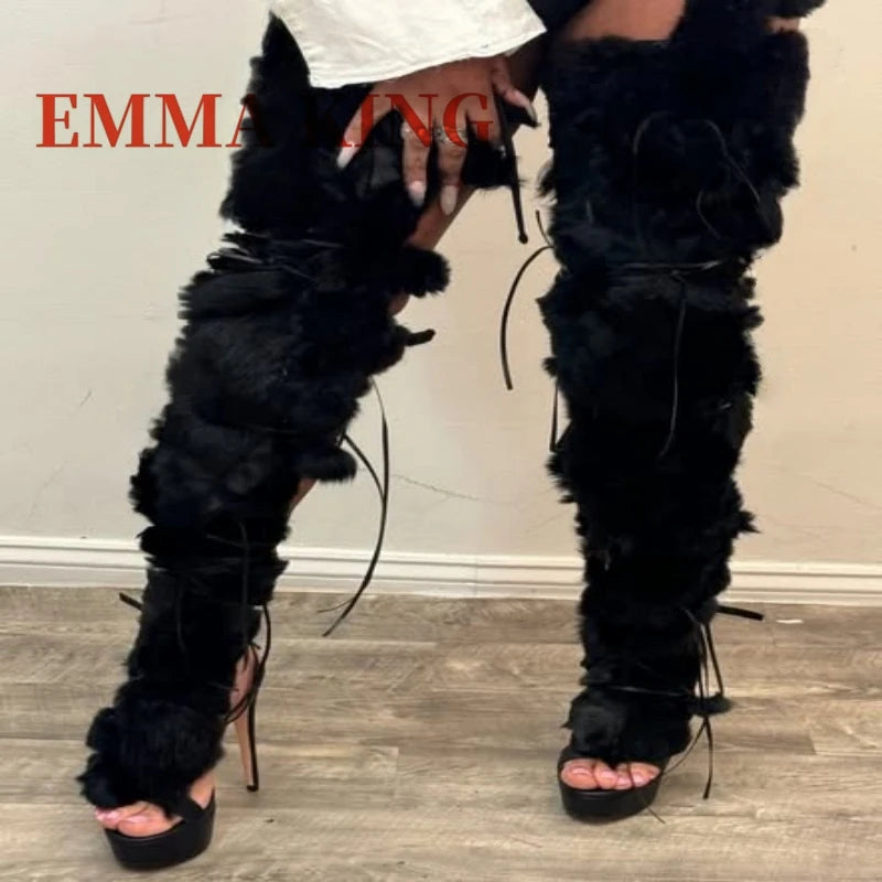 Faux Fur Wrap Cross Tied Platform Open Toe Sandals for Women