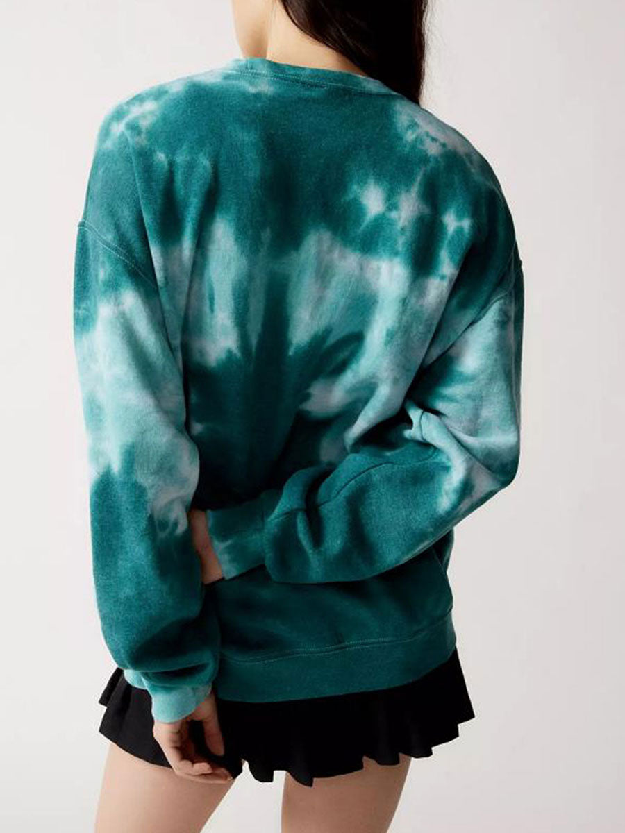 Women's Spring and Autumn Loose Heart Tie Dye Round Neck Sweatshirt Long Sleeve Heart Tie Dye Printed Round Neck Sweatshirt