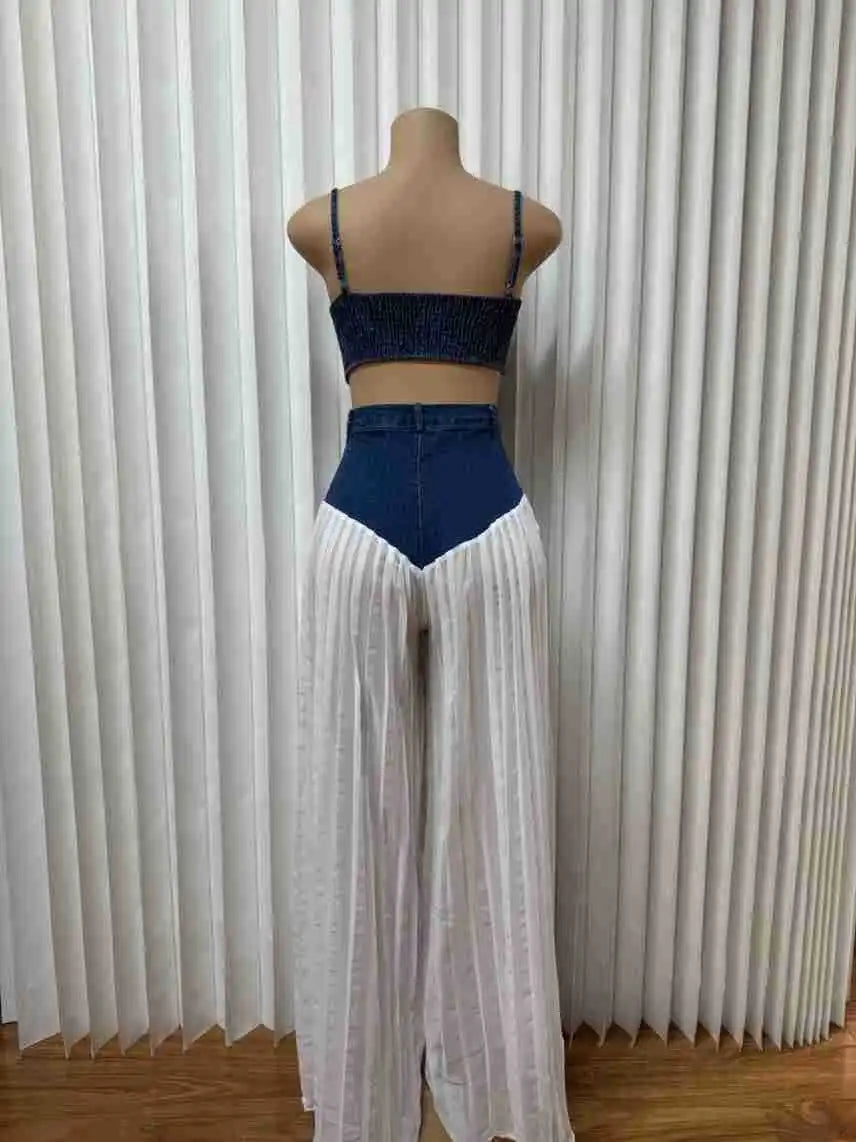 Casual Patchwork Wide Leg Denim Tracksuit Set for Women