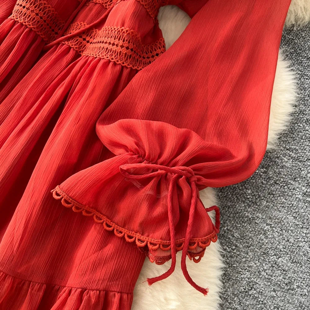 Elegant French V-Neck Waist-Cinching Maxi Dress for Women