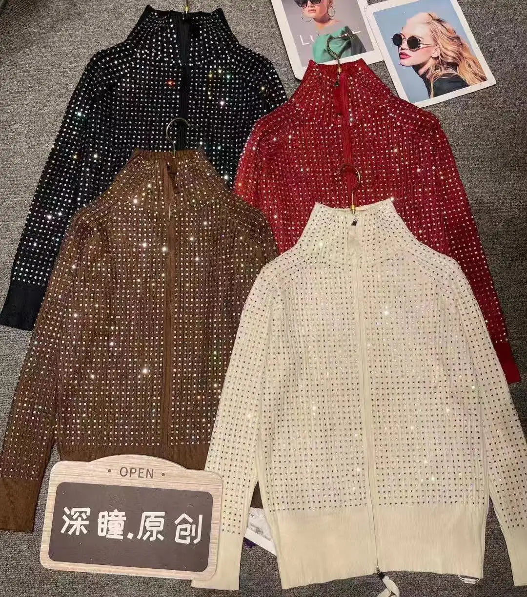 Luxury Style Sparkle Diamonds Autumn Winter 2025 Thick Knitted Cardigan Sweater Women's Long Sleeve Zipper Up Outwear Coat Top