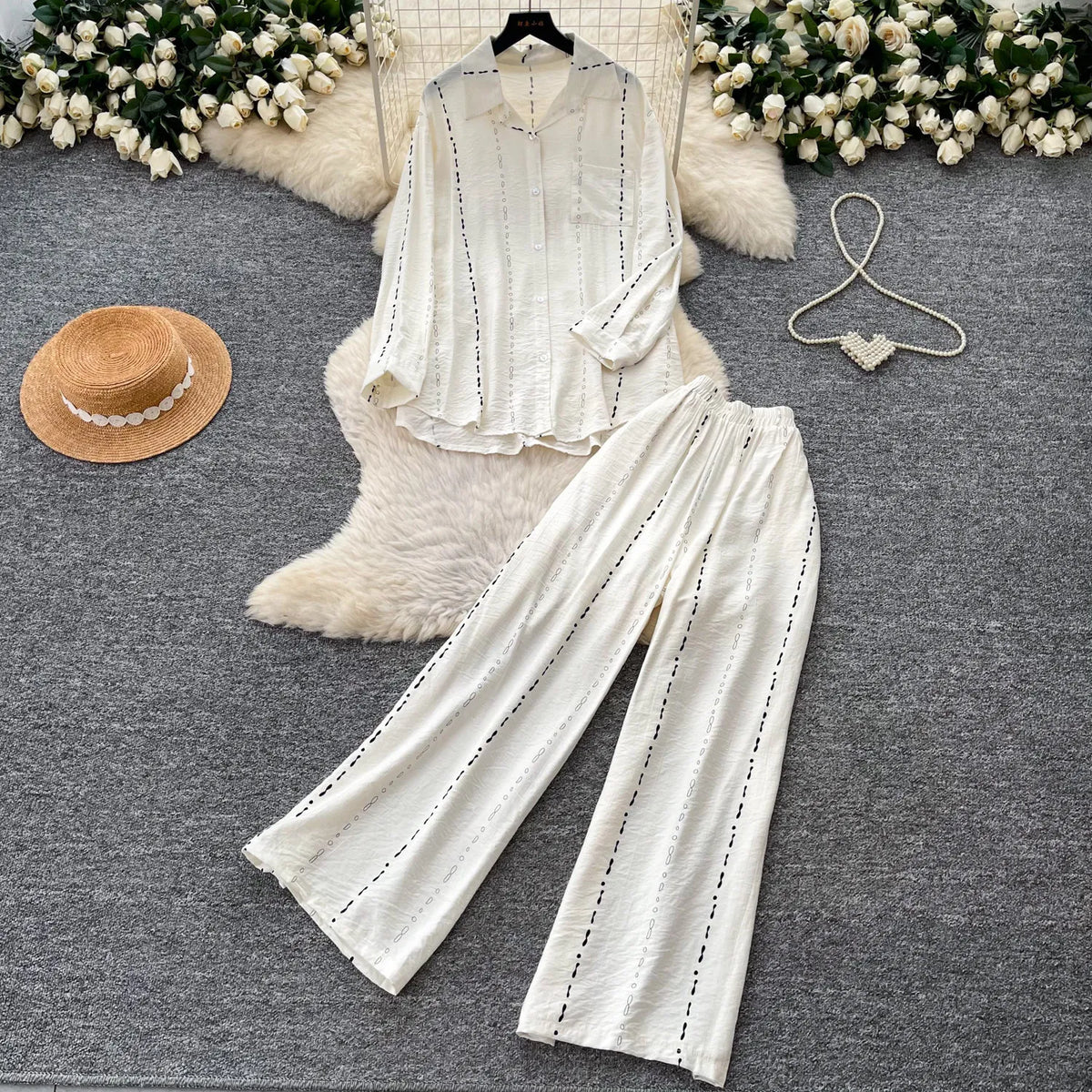 Collared Shirt and Wide Leg Pants Set