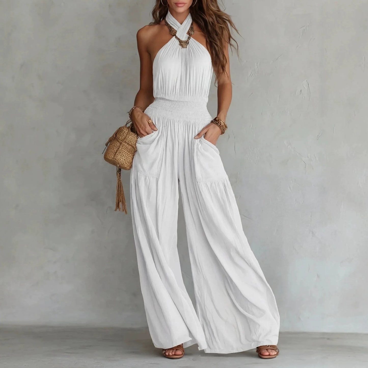 Halter Neck Solid Color Smocked High Waist Wide Leg Pockets Jumpsuit for Women