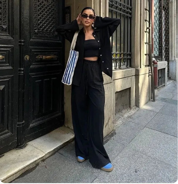 Loose Cotton Linen Shirt And Wide Leg Pants Set For Women