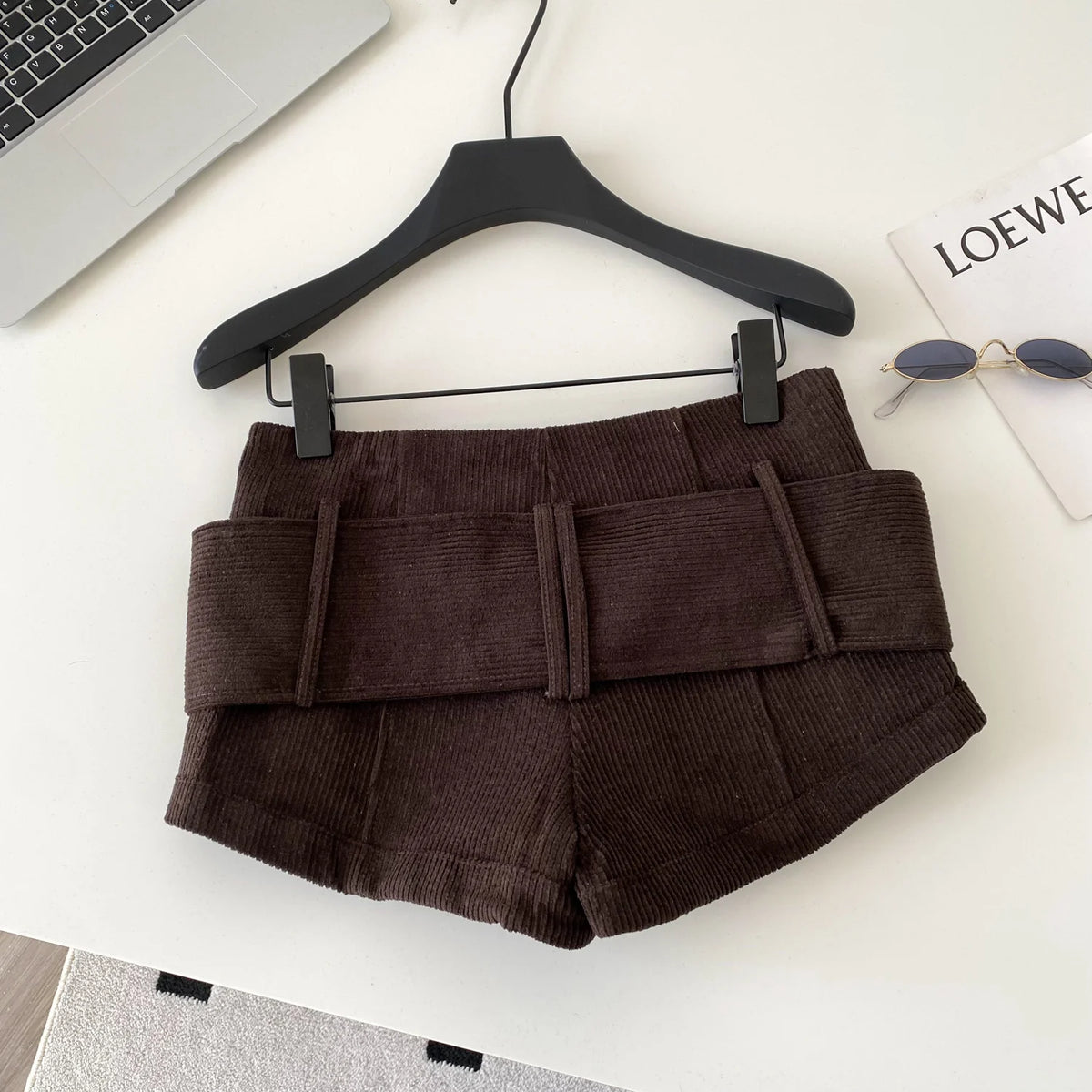 Retro Corduroy Button Detail Low Waist Shorts for Women