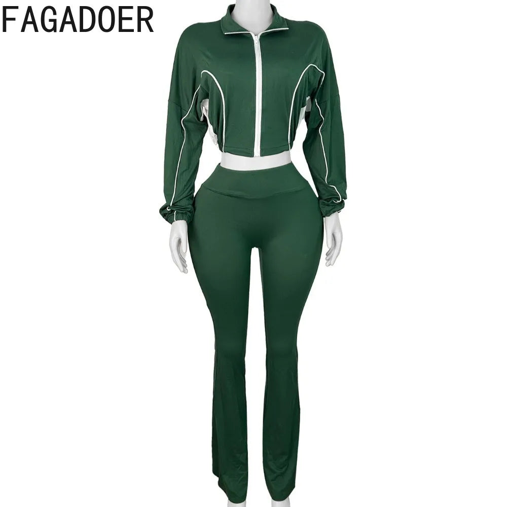 FAGADOER Casual Stripe Patchwork 2 Pieces Set for Woman Zip Long Sleeves Ruched Crop Top + Flare Pants Tracksuit Female Jogger