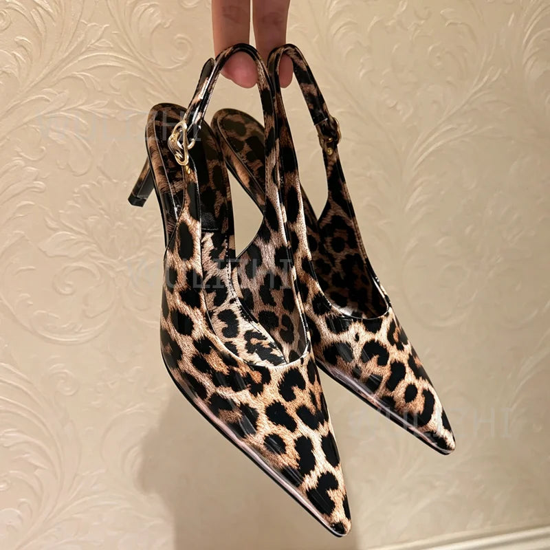 Leopard Print Graffiti Genuine Leather Slingback Sandal for Women