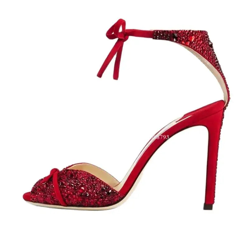 Black Crystal Lace Up Peep Toe Stiletto Sandals for Women