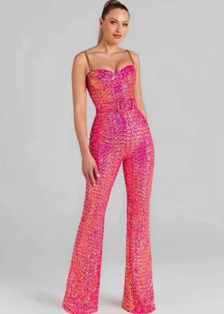 Gold Sequin Design Sleeveless Jumpsuit With Belt for Women