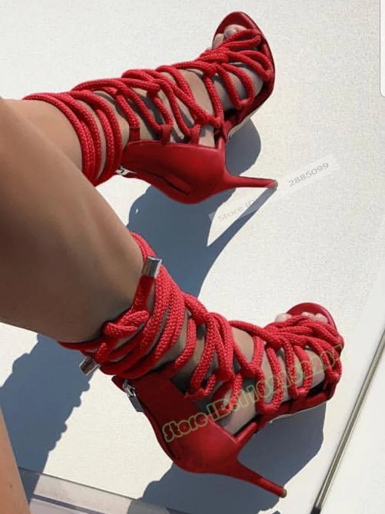 Lace Up Open Toe Stiletto Sandals With Cutouts for Women