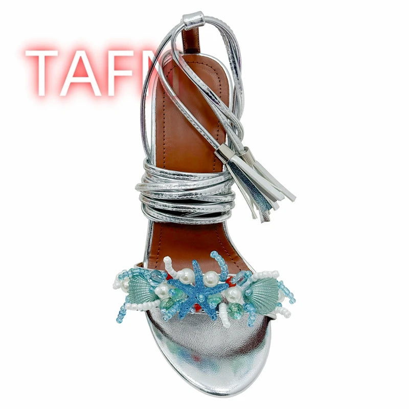 Shell Embellished Starfish Tassels Lace Up Sandals for Women