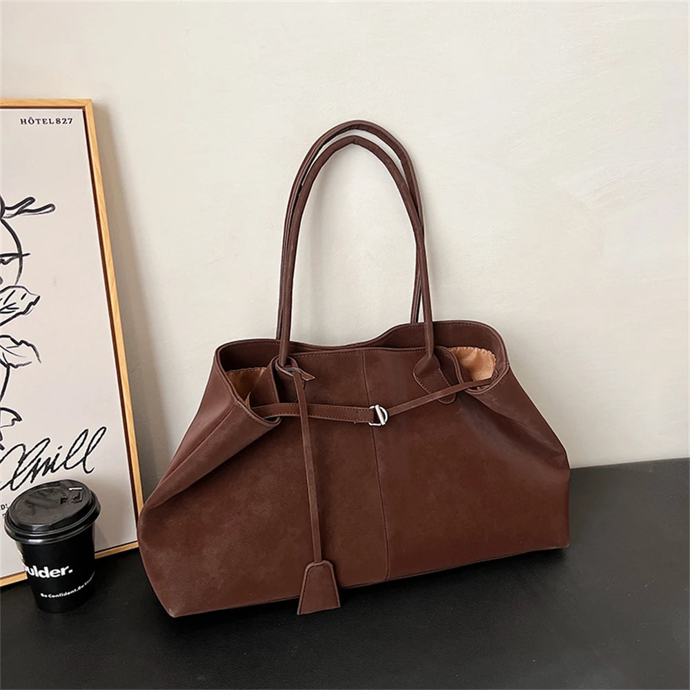 Luxurious Faux Suede Pure Color Retro Shoulder Tote Bag for Women