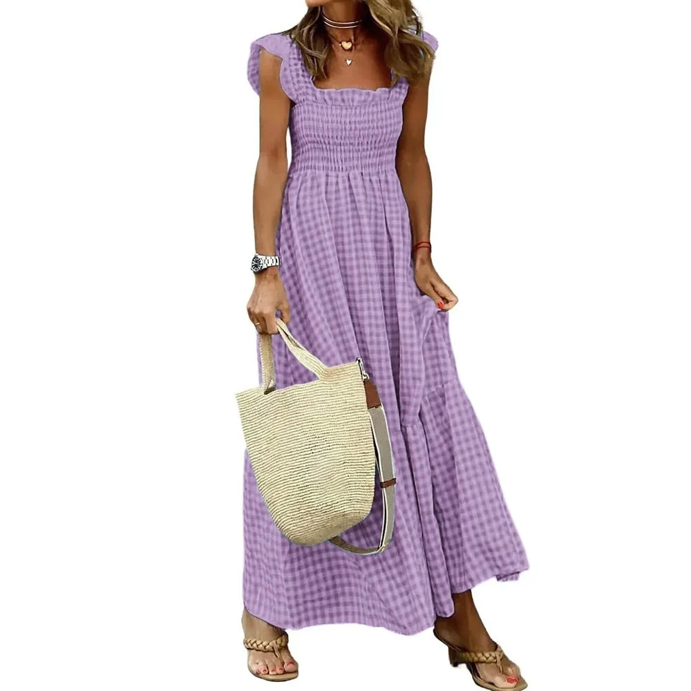 Flowy Plaid Backless Maxi Dress with Elastic Waist for Women