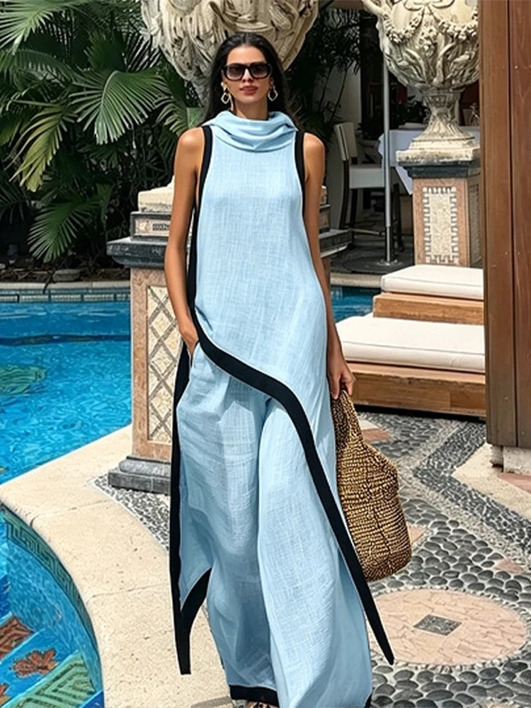 Casual Solid Blouse and Wide Leg Trousers for Women