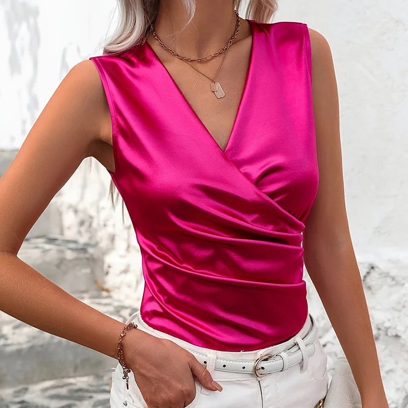 Luxury Pink Red Basic Women Silk-Like Satin Tank Tops Vest Summer Sexy Camis Tank For Ladies  Backless Camisole Top Shirts Femme
