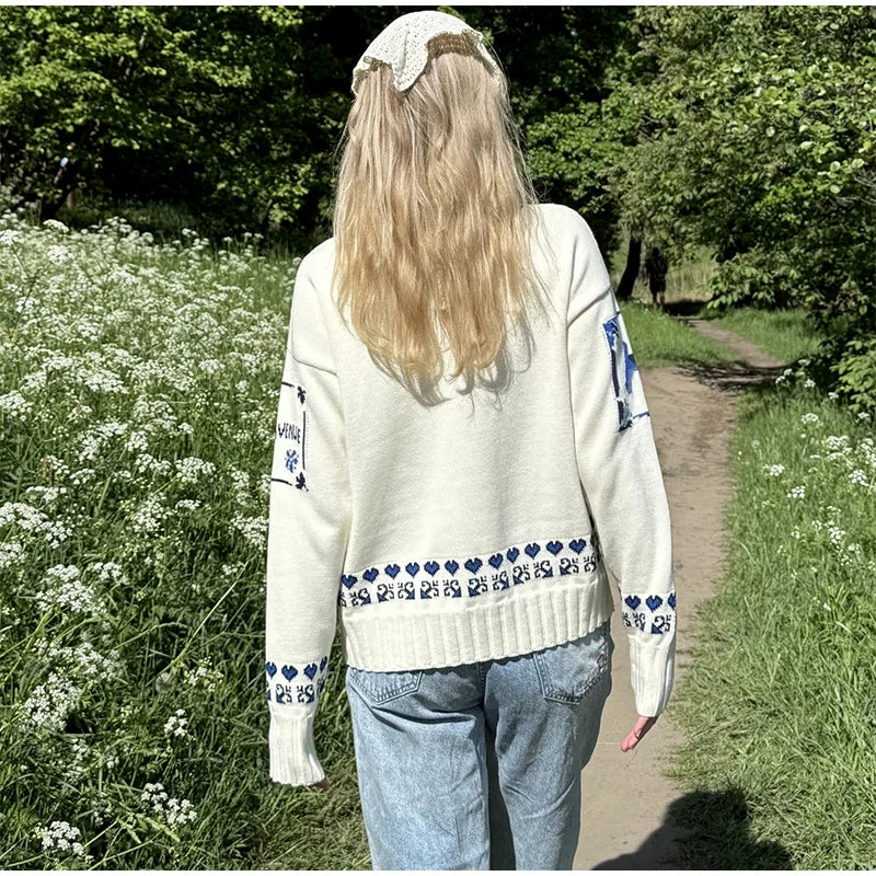Blue Jacquard Stand Collar Zipper Cardigan for Women