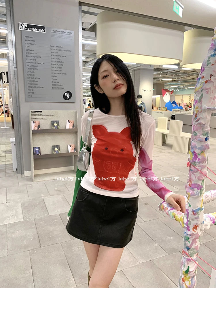 Karrram Y2k Aesthetics Mesh Tops Japanese Harajuku Cartoon Print T-shirt 2000s Vintage Cute T Shirt Korean Style Dopamine Tops