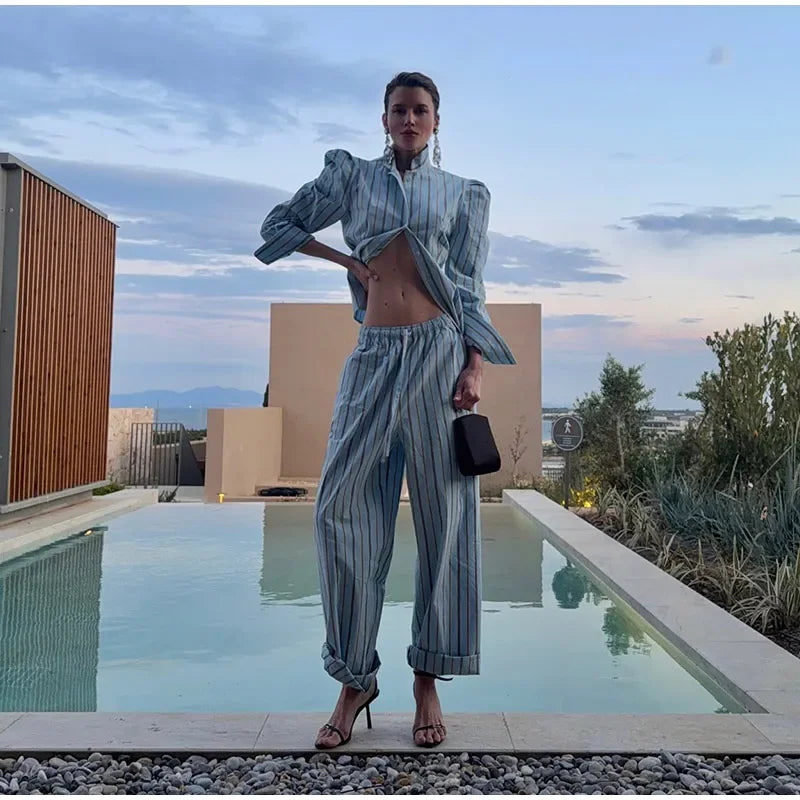 Blue Striped Puff Shoulder Shirt And Pants Set For Women