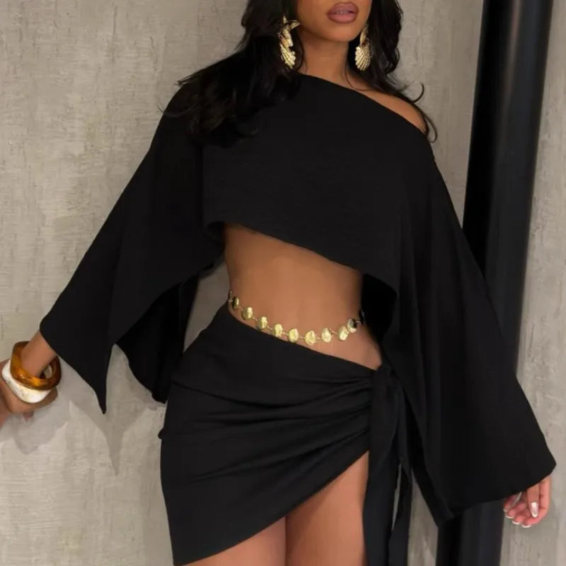 Elegant One Shoulder Crop Top and Mini Skirt Set for Women