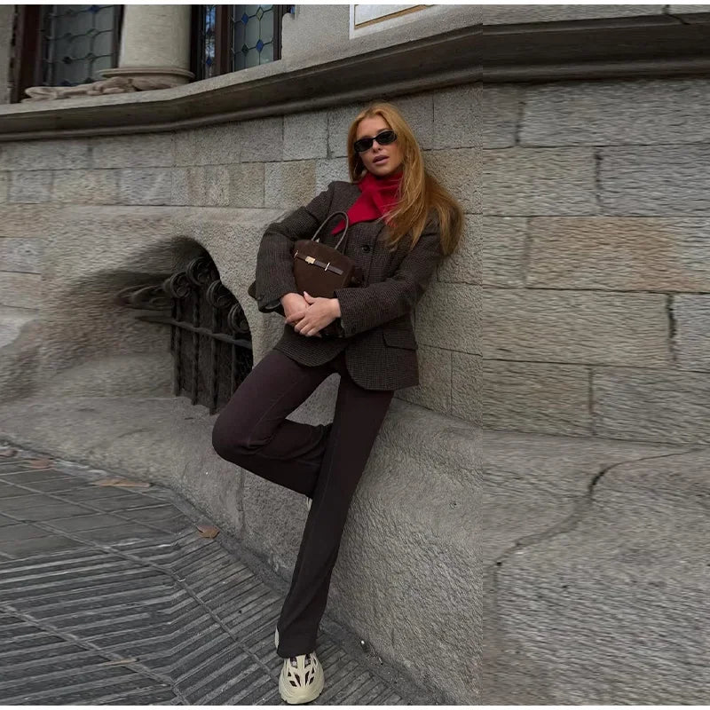Elegant Grid Stand Collar Loose Single Breasted Woolen Coat for Women